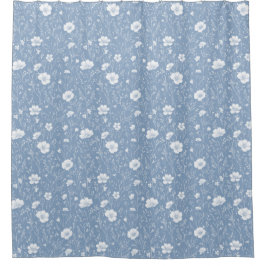Cortina Para Box Padrão de Flor Silvestre Azul e Branco Atenuado