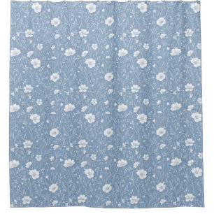 Cortina Para Box Padrão de Flor Silvestre Azul e Branco Atenuado