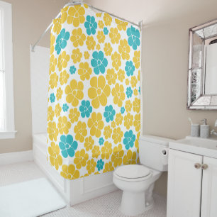 Cortina Para Box Padrão de Flor - Turquesa e Amarelo