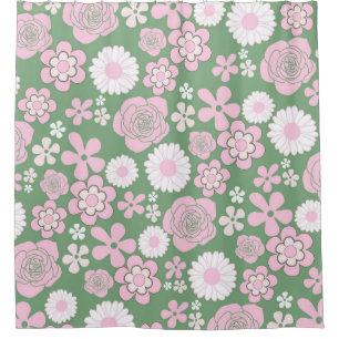 Cortina Para Box Padrão de Flor Y2K 70s - Cor-de-rosa Verde