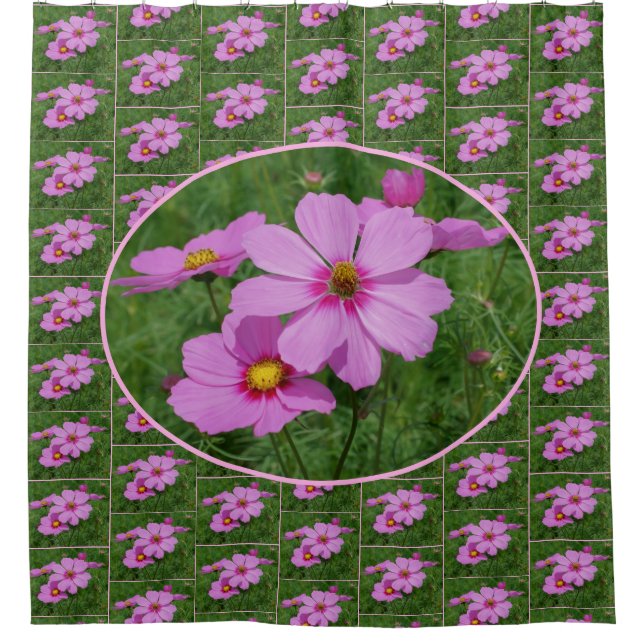 Cortina Para Box Padrão de Flores de Cosmos Rosa (Frente)