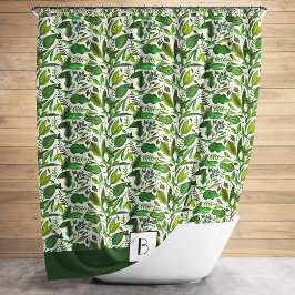 Cortina Para Box Padrão de Folhas Verdes Monograma Elegante