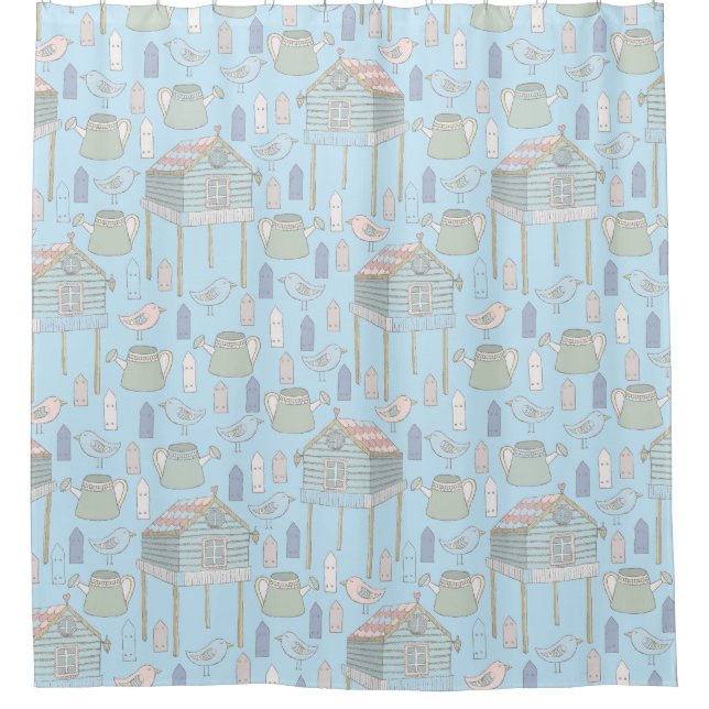 Cortina Para Box Padrão de Gardener Whimsical em Azul (Frente)