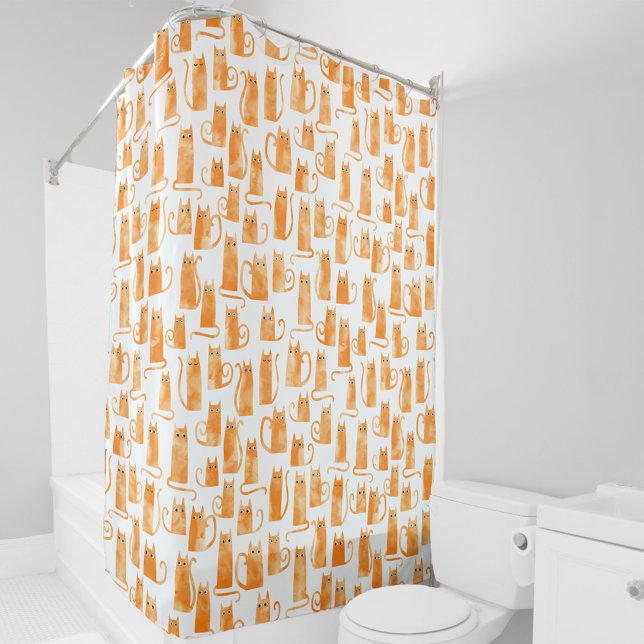Cortina Para Box Padrão de Gato Laranja (Fun Orange Ginger Cat pattern watercolor art shower curtain)