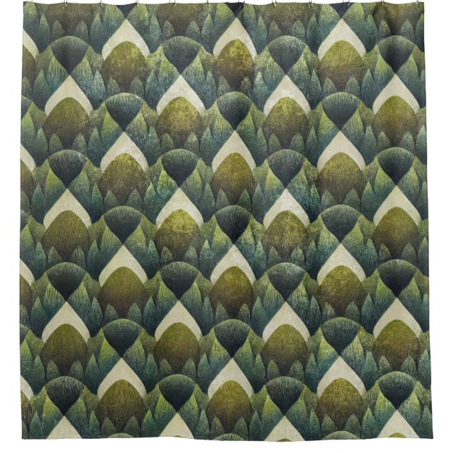 Cortina Para Box Padrão de Leque Art Déco Verde Terroso (5) (Frente)