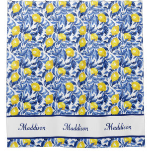 Cortina Para Box Padrão de Limão de Aquarela Azul Monograma Nome