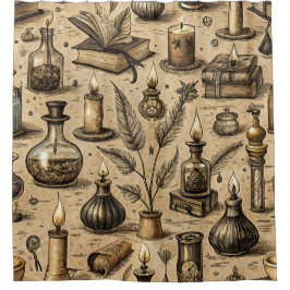 Cortina Para Box Padrão de Livros e Velas de Bruxaria Vintage