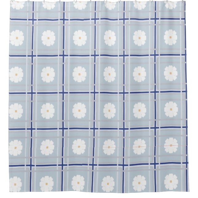 Cortina Para Box Padrão de Margarida de Xadrez Azul (Frente)
