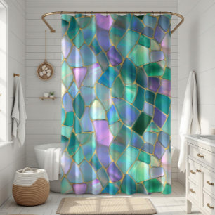 Cortina Para Box Padrão de mosaico de vitral em cores pastéis