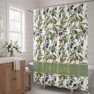 Cortina Para Box Padrão de oliveira em aquarela verde sage country