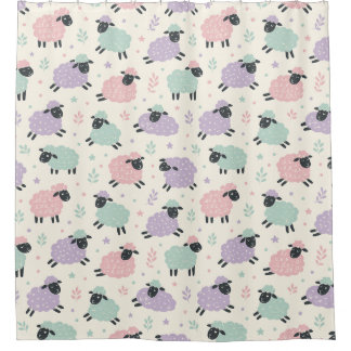 Cortina Para Box Padrão de Ovelhas Arco-íris Pastel