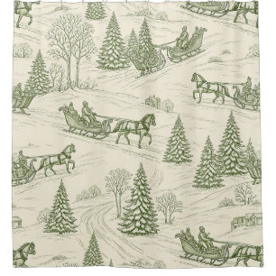 Cortina Para Box Padrão de Passeio de Trenó de Natal em Toile Verde