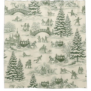 Cortina Para Box Padrão de Passeio de Trenó de Natal em Toile Verde