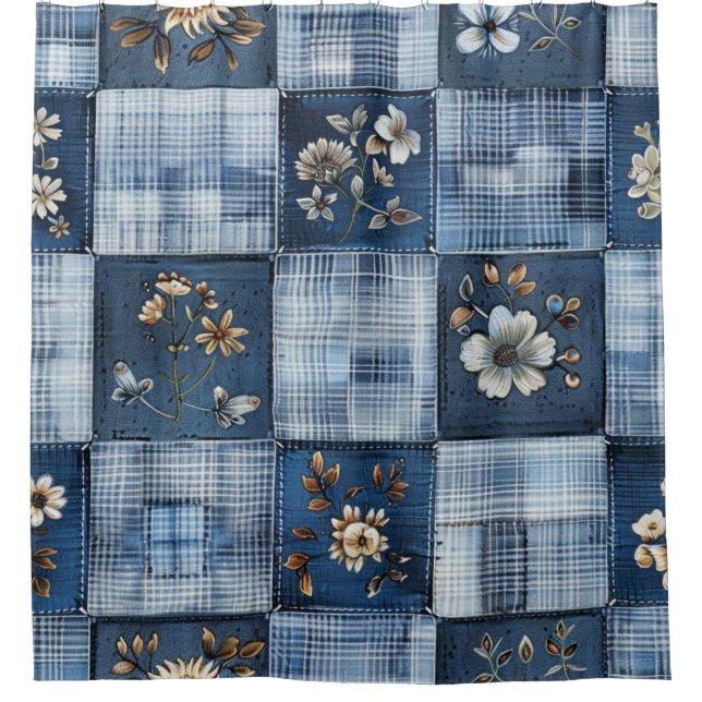 Cortina Para Box Padrão de Patchwork Floral | Denim Boho (Frente)