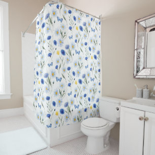 Cortina Para Box Padrão de Prado de Flores Silvestres Aquarela Azul