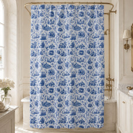 Cortina Para Box Padrão de ramagem de rosa Toile Francesa Azul no C