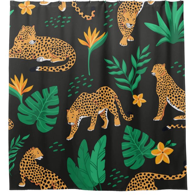Cortina Para Box Padrão de safra com leopardos e folhas tropicais  (Frente)