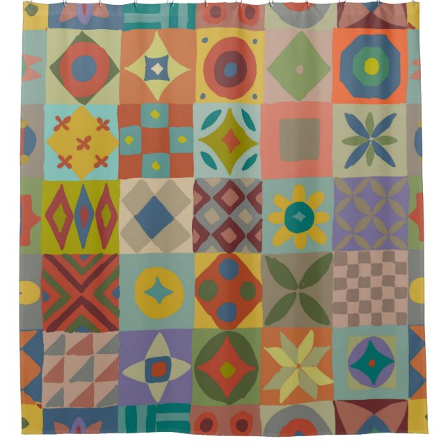 Cortina Para Box Padrão de Talavera. Uma manta de retalhos indiana. (Frente)