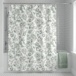 Cortina Para Box Padrão de Toile Floral Verde Salvia Vintage