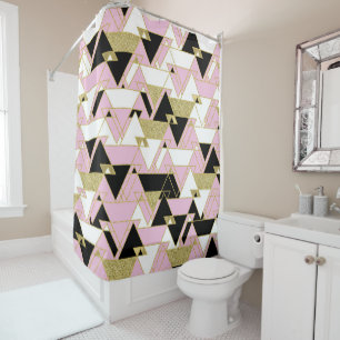 Cortina Para Box Padrão de Triângulos Rosa Dourado Preto Branco Boh