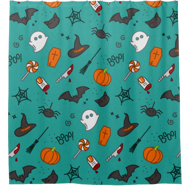 Cortina Para Box Padrão de Turquesa de Halloween de estilo plano. (Frente)
