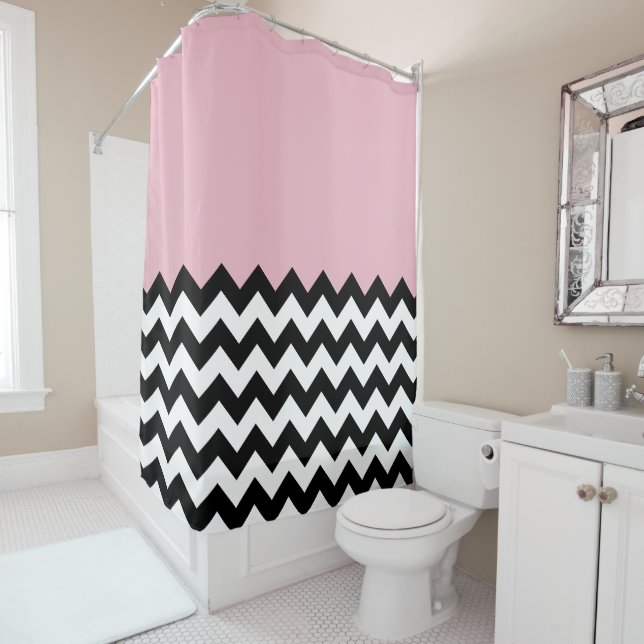 Cortina Para Box Padrão de ziguezague preto e branco, Chevron, rosa (In Situ)