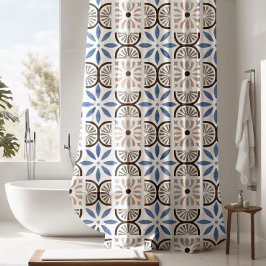 Cortina Para Box Padrão do Azulejo Azul Floral marroquino