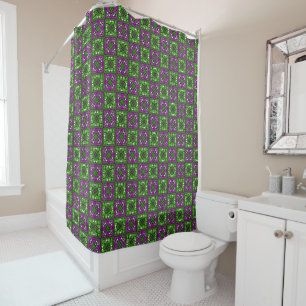 Cortina Para Box Padrão do mosaico floral retrô verde e roxo