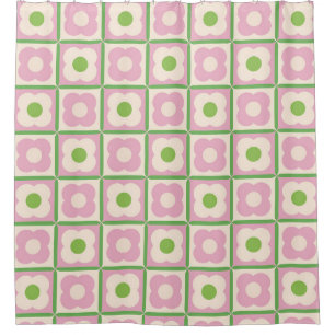 Cortina Para Box Padrão do Verificador Floral Retroativo Rosa e Ver