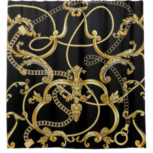 Cortina Para Box Padrão Dourado Barroco Sem Costura