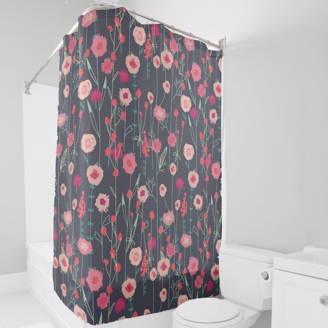 Cortina Para Box Padrão Escuro Floral (Modern dark floral pink and black Plymouth Flowers art shower curtain)
