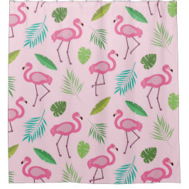 Cortina Para Box Padrão Flamingo Rosa com Folhas Tropicais