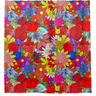 Cortina Para Box Padrão Floral Amarelo Azul Roxo Vermelho Verde