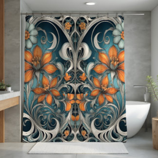 Cortina Para Box padrão floral Art Nouveau azul-turquesa laranja
