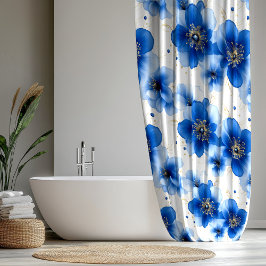Cortina Para Box Padrão Floral Azul com Acentos Dourados
