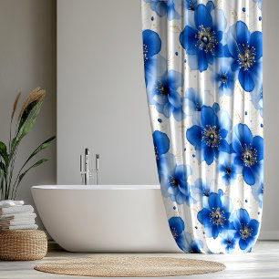 Cortina Para Box Padrão Floral Azul com Acentos Dourados