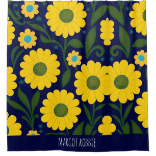 Cortina Para Box Padrão Floral Azul de Fundo do Daisies Amarelo