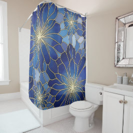 Cortina Para Box Padrão Floral Azul Dourado Moderno