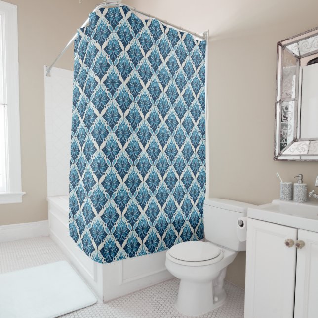 Cortina Para Box Padrão Floral Boho Elegante em Azul (In Situ)