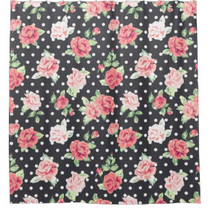 Cortina Para Box Padrão Floral Bolinhas branca em fundo preto