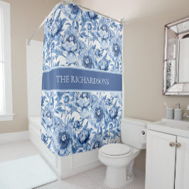 Cortina Para Box Padrão Floral Chinoiserie Azul e Branco Personaliz