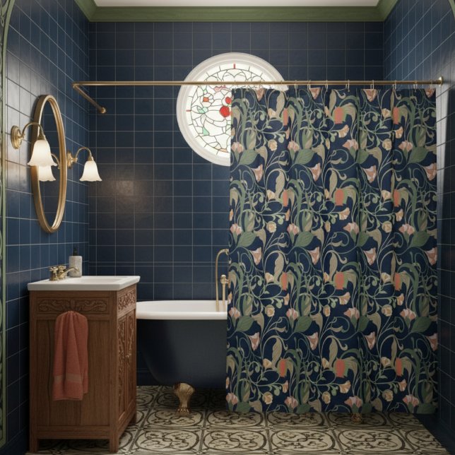 Cortina Para Box Padrão Floral Clássico de Arte Azul Nouveau (Criador carregado)