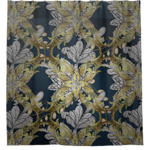 Cortina Para Box Padrão Floral com Elementos Dourados Fundo Azul