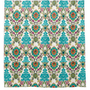 Cortina Para Box Padrão Floral Damask Plum Turquoise