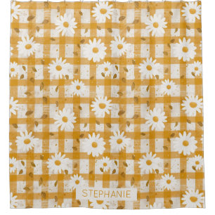Cortina Para Box Padrão Floral de Margarida Branca em Gingham Amare