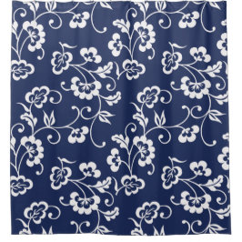 Cortina Para Box Padrão Floral Marinho Azul e Branco