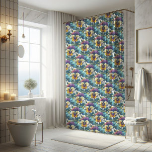 Cortina Para Box Padrão Floral Moderno Roxo e Azul
