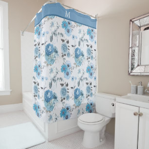 Cortina Para Box Padrão Floral Monograma de Borda Azul