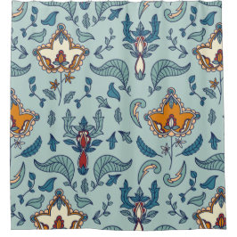 Cortina Para Box Padrão floral ornamentado em um fundo azul pálido