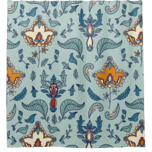 Cortina Para Box Padrão floral ornamentado em um fundo azul pálido